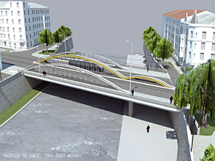 Most přes řeku Moravu v ulici Masarykova: Pohled po směru toku řeky Moravy