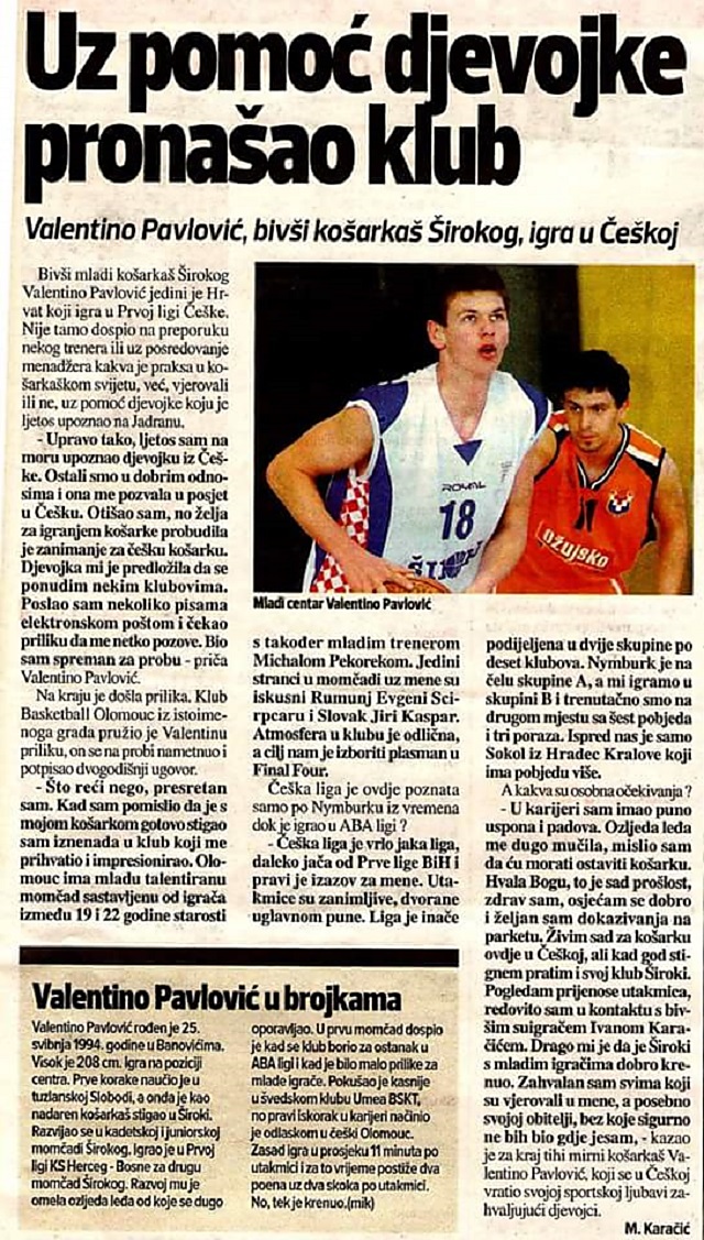 O angažmá Valentina Pavloviče se píše i v bosenském tisku...