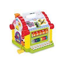 Edukační hračka Babymix domeček - obsahuje otvory pro různé tvary a zvířátka, počítadlo a piano s různými melodiemi. Při vhození zvířátka do správného otvoru se ozve zvuk, který zvíře vydává. (Heureka, 559 korun)  