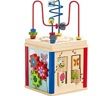 PLAYTIVE®JUNIOR dřevěná hrací kostka obsahuje 5 naučných her - spirálovou dráhu, veselé dráhy, otočné květiny, hravý rébus a otvory na tvary. (Lidl, 279 korun)